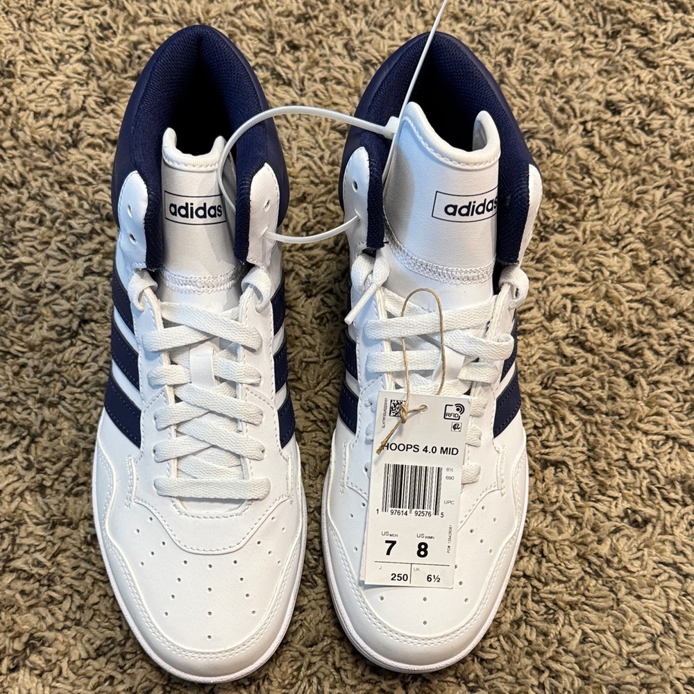 Adidas White and Blue Hoops 4.0 Mid Sneakers